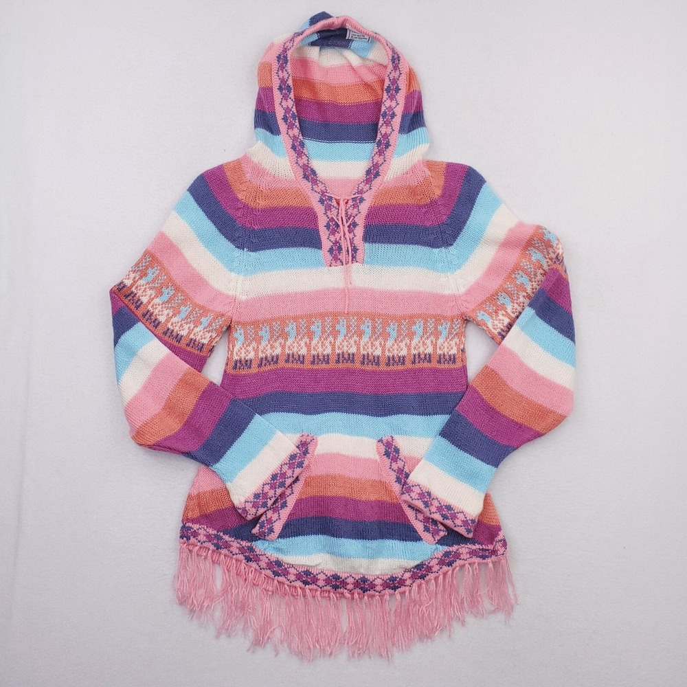 Alpaca Hoodie Women Small Pink Blue Tunic Sweater Pullover LLama Lace Front BOHO